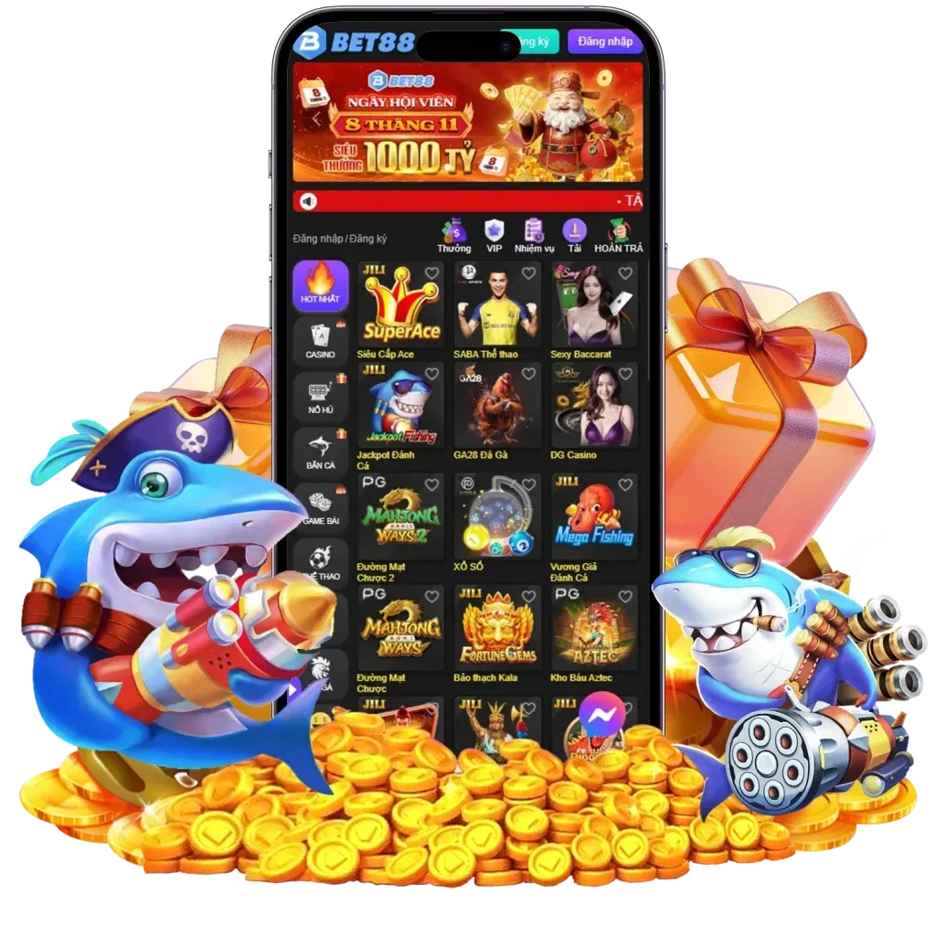 Giao diện ứng dụng BET88 trên điện thoại cùng cá mập hoạt hình và xu vàng
